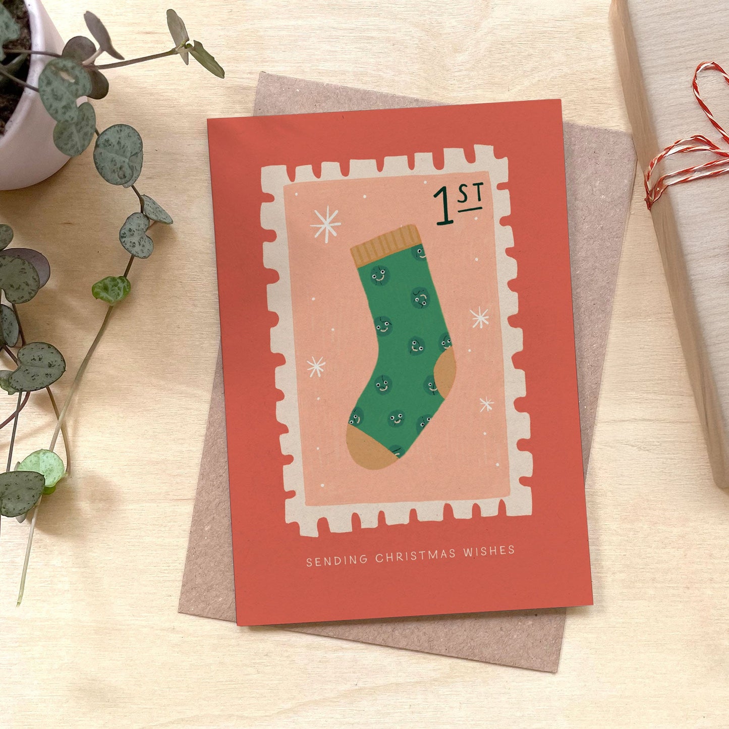 Christmas Sock Stamp Recycled Coffee Cup Card