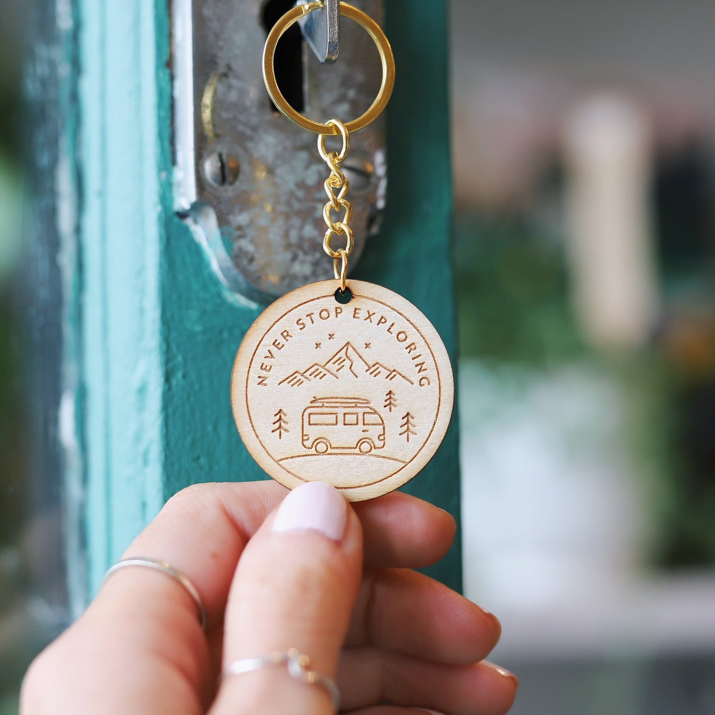 Never Stop Exploring Wooden Keyring