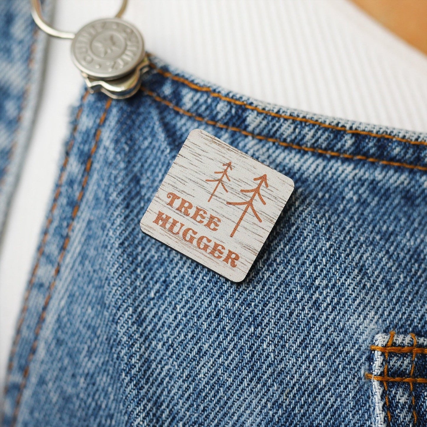 Tree Hugger Wooden Pin Badge