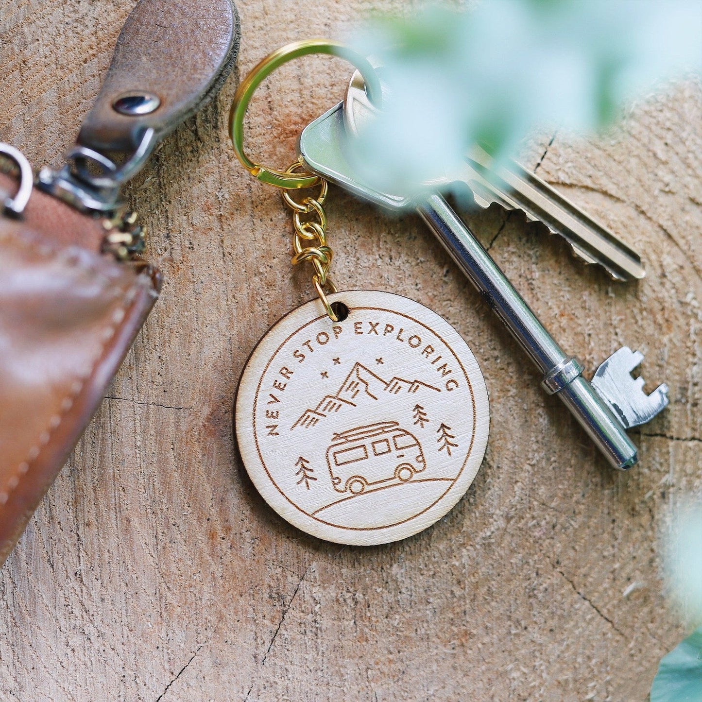 Never Stop Exploring Wooden Keyring