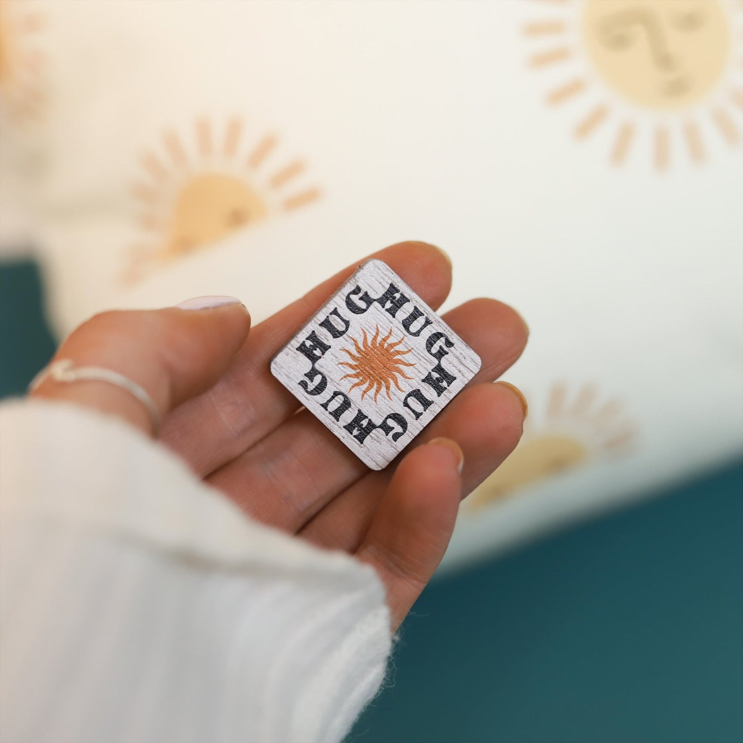 Sunburst Hug Wooden Pin Badge