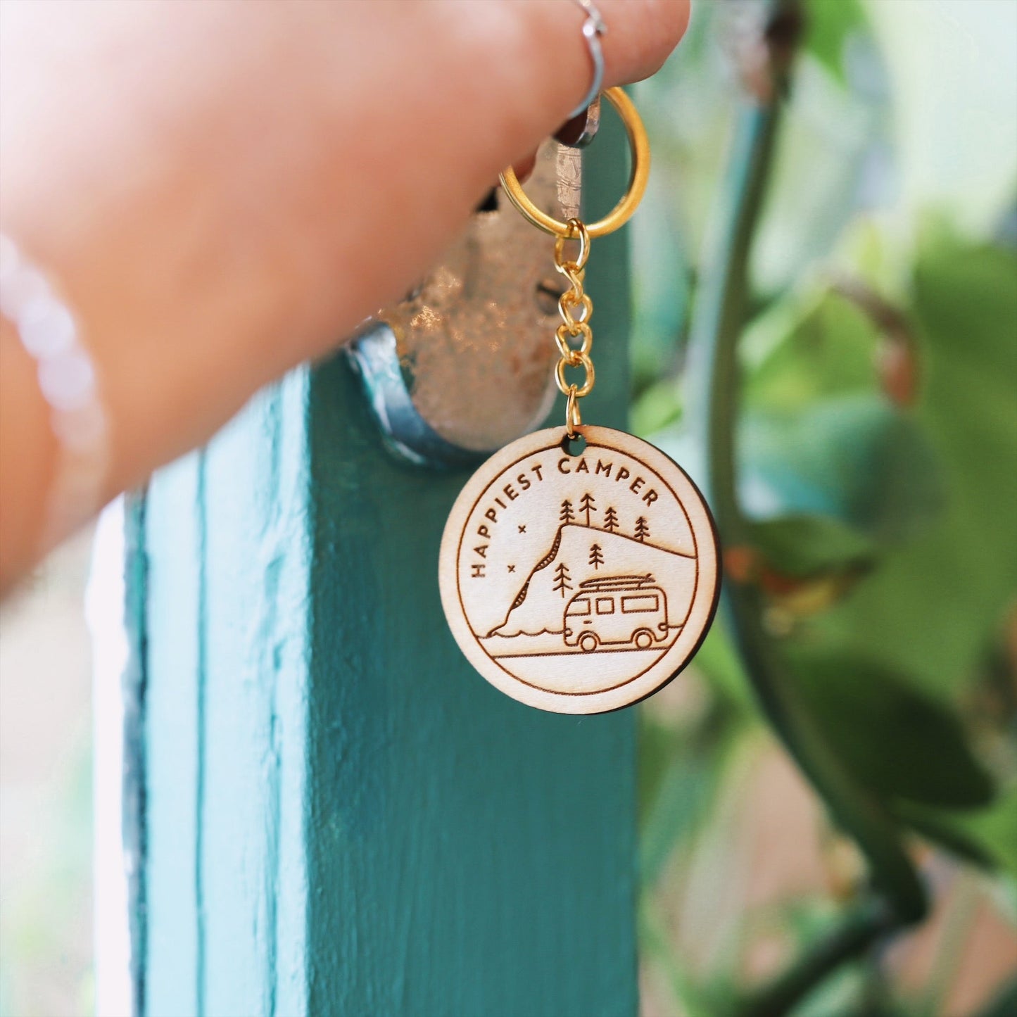 Happiest Camper Wooden Keyring