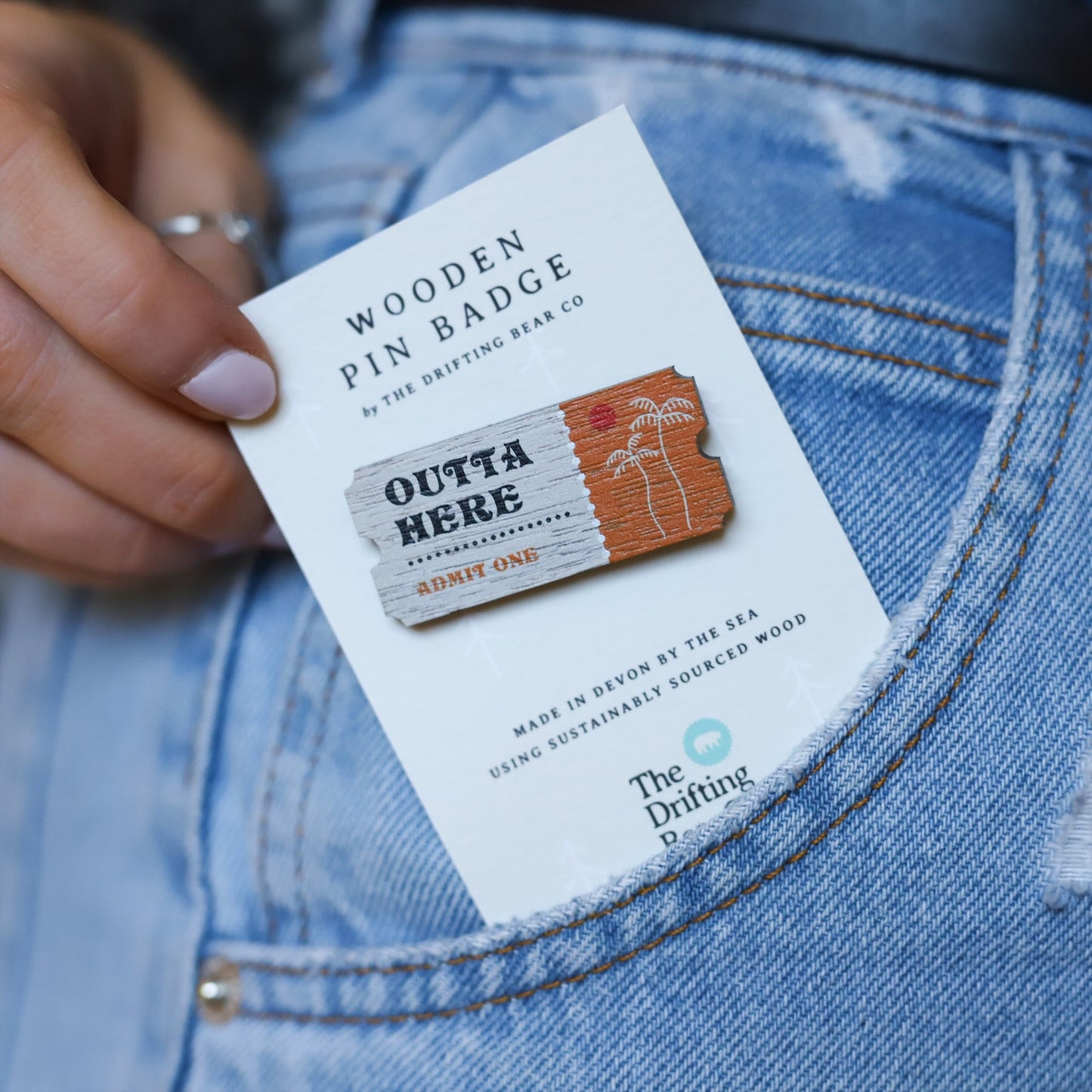 Wooden Pin Badge - Outta Here