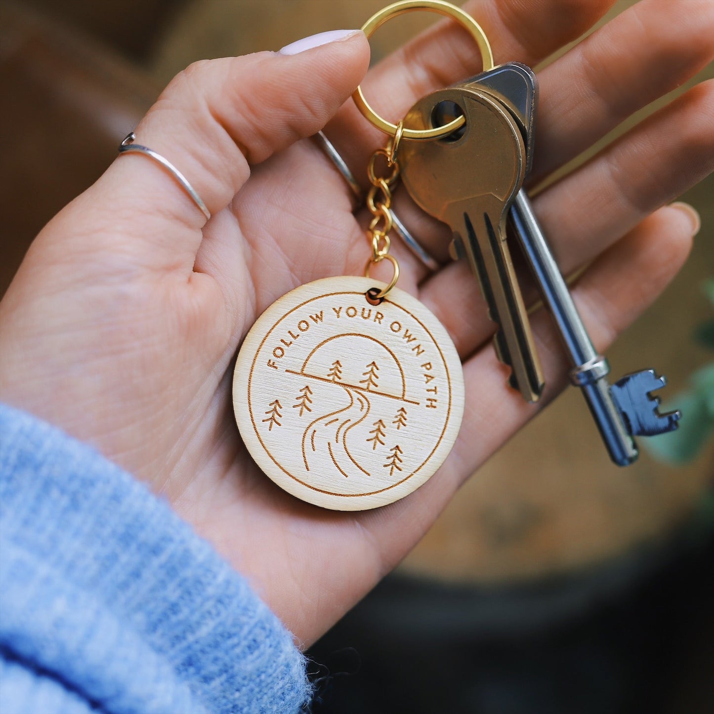 Follow Your Own Path Wooden Keyring