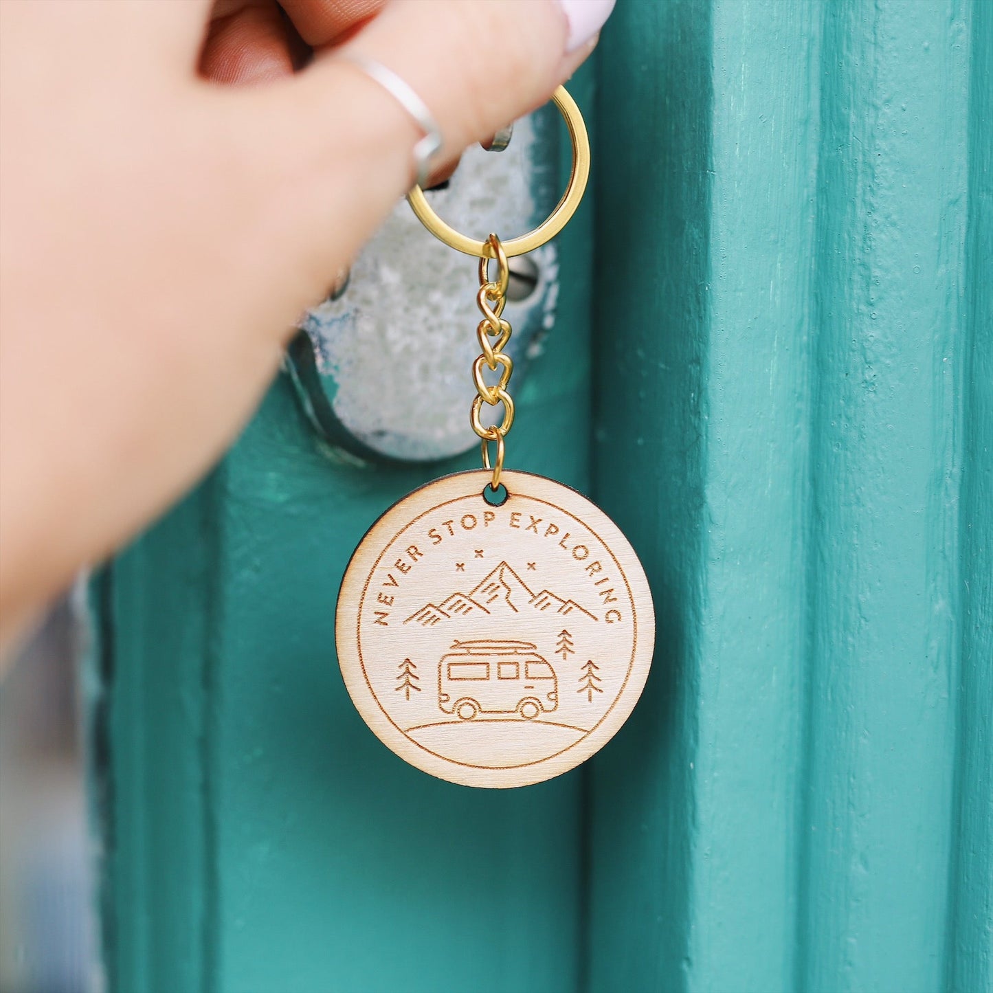 Never Stop Exploring Wooden Keyring