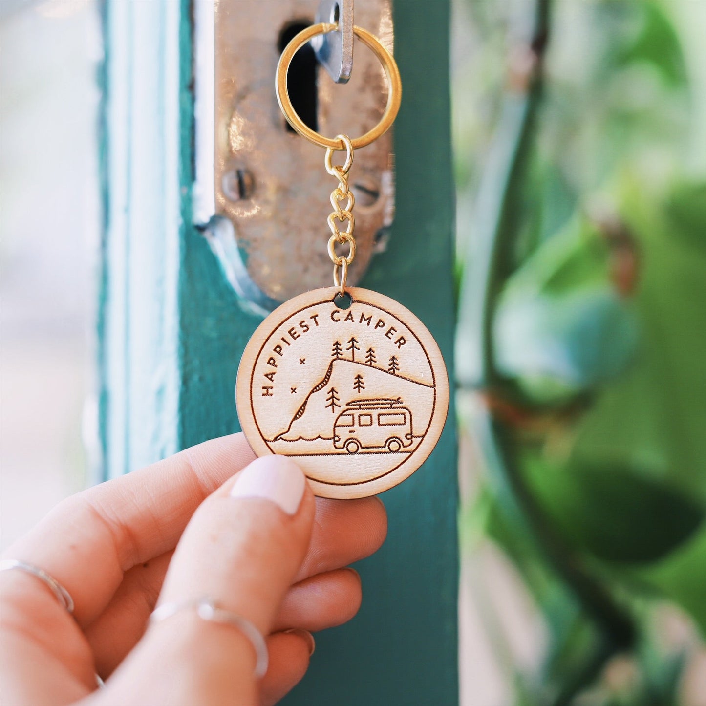 Happiest Camper Wooden Keyring