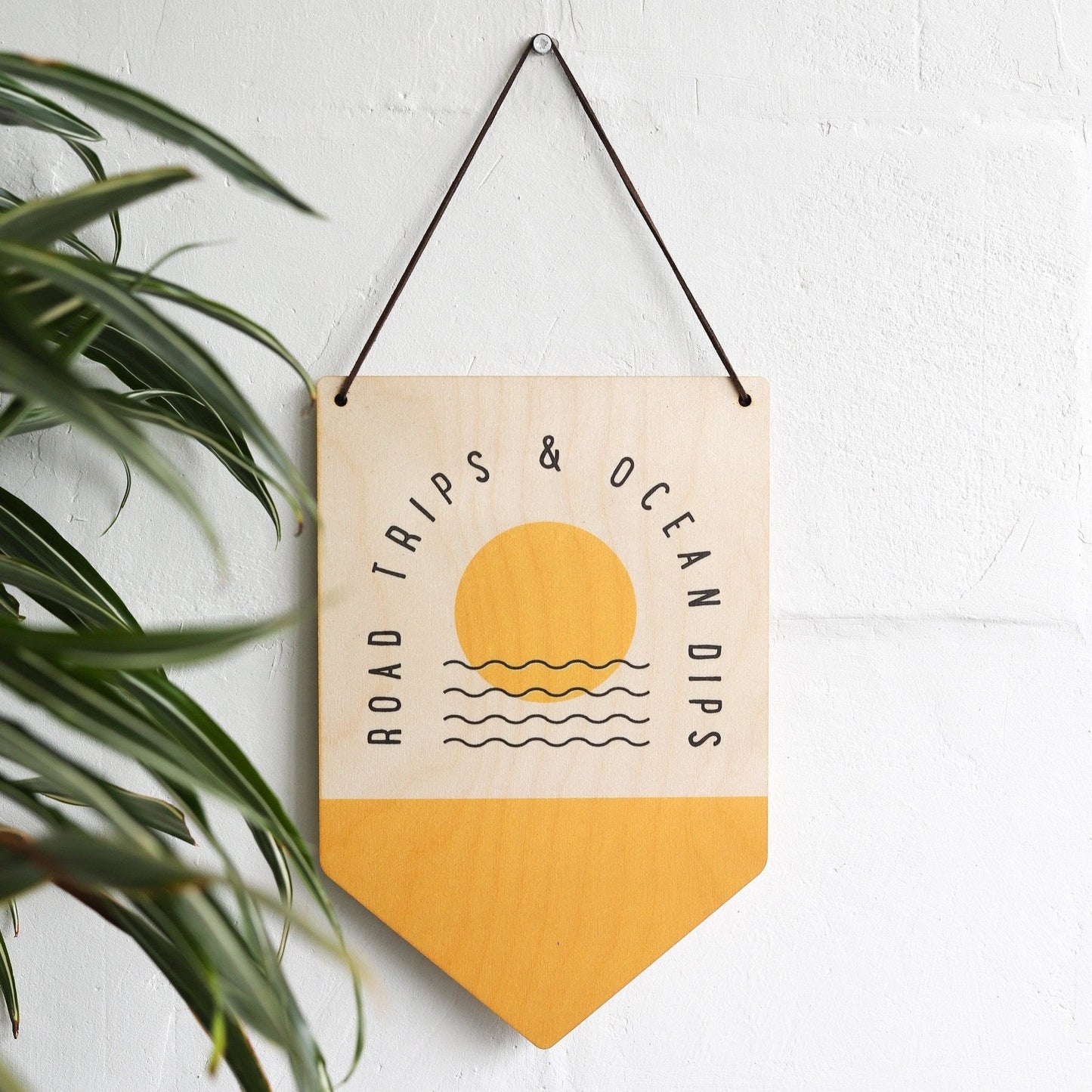 'Road Trips & Ocean Dips' Wooden Pennant Flag