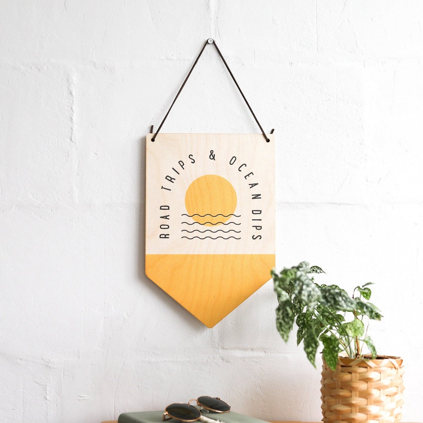 'Road Trips & Ocean Dips' Wooden Pennant Flag