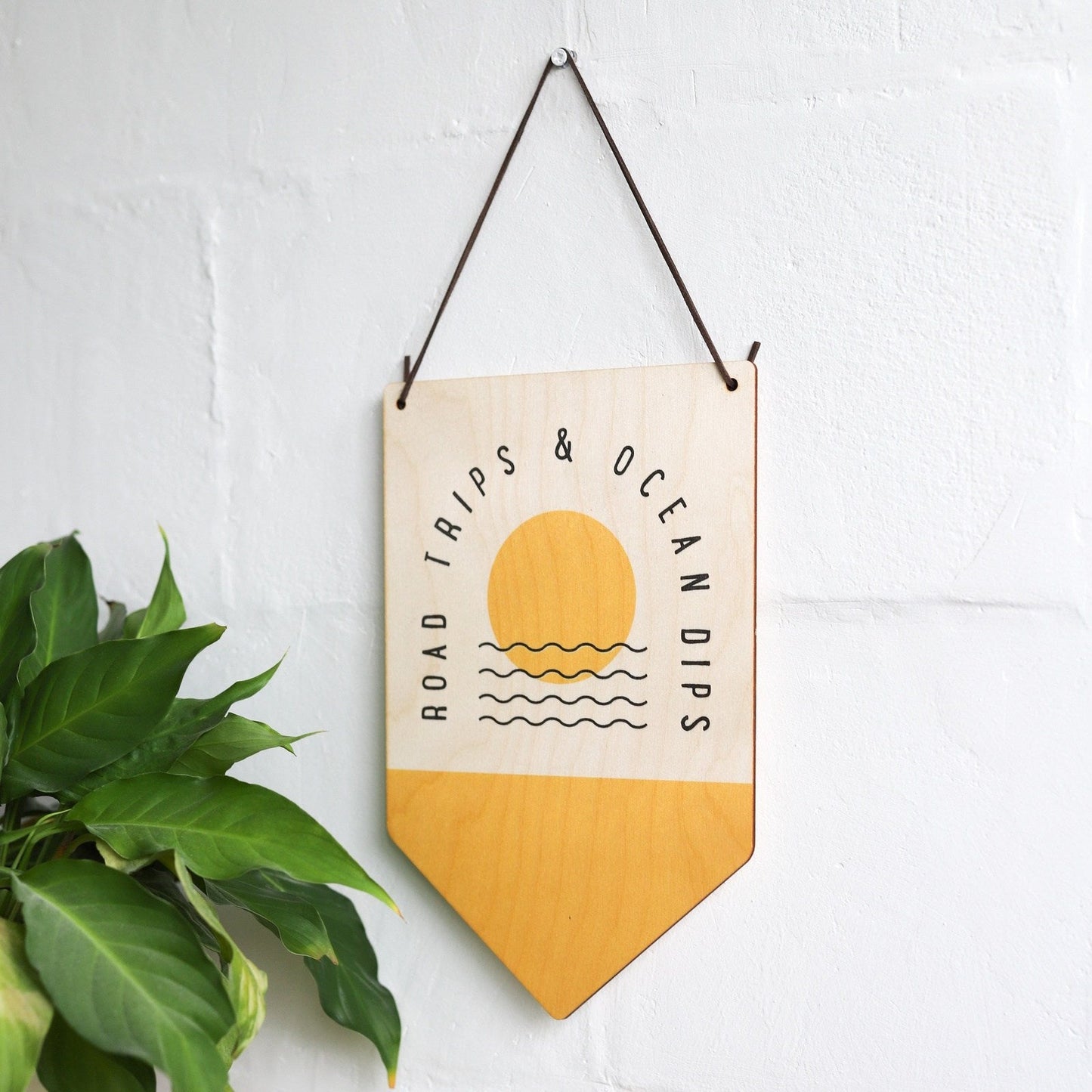'Road Trips & Ocean Dips' Wooden Pennant Flag