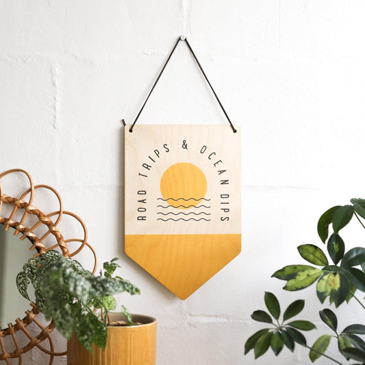 'Road Trips & Ocean Dips' Wooden Pennant Flag