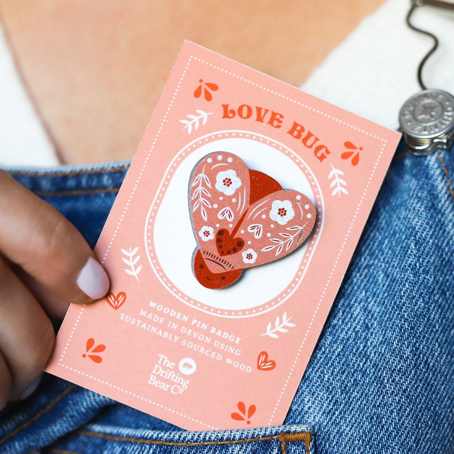 Wooden Pin Badge - Love Bug