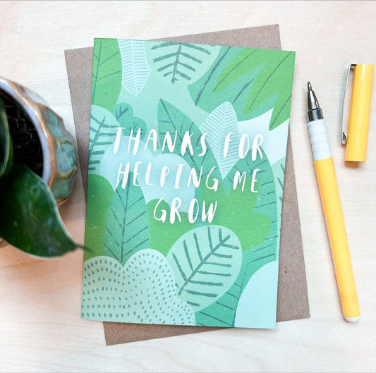 'Thanks For Helping Me Grow' Recycled Coffee Cup Card.
