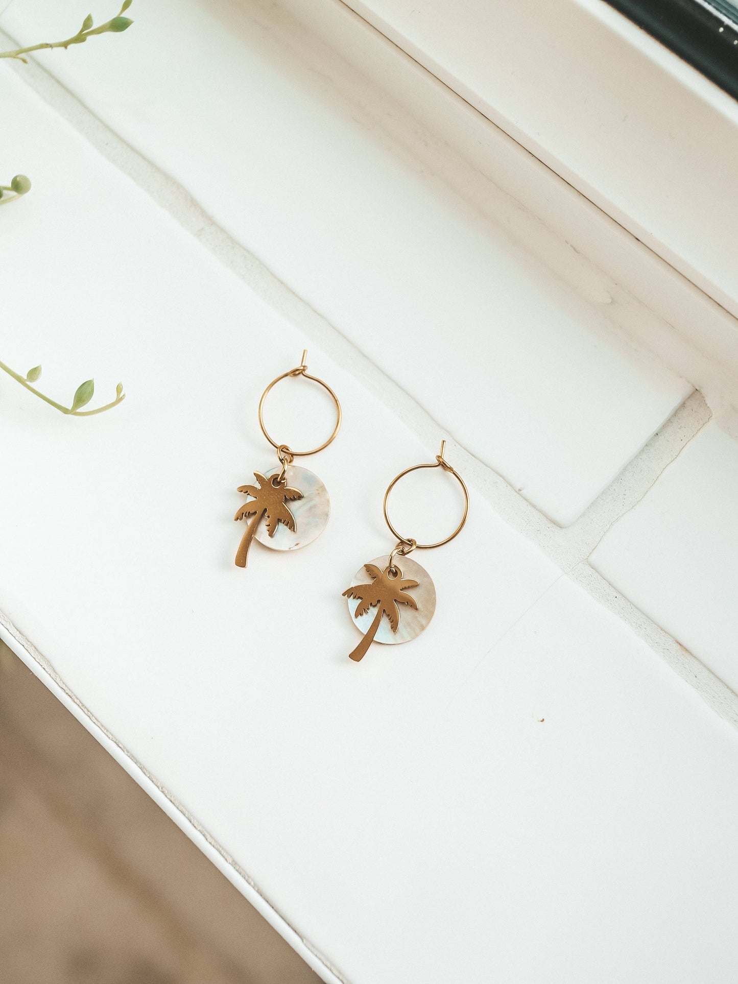 Sunset in Bali Akoya Shell with Palm Tree Hoop Gold Earrings