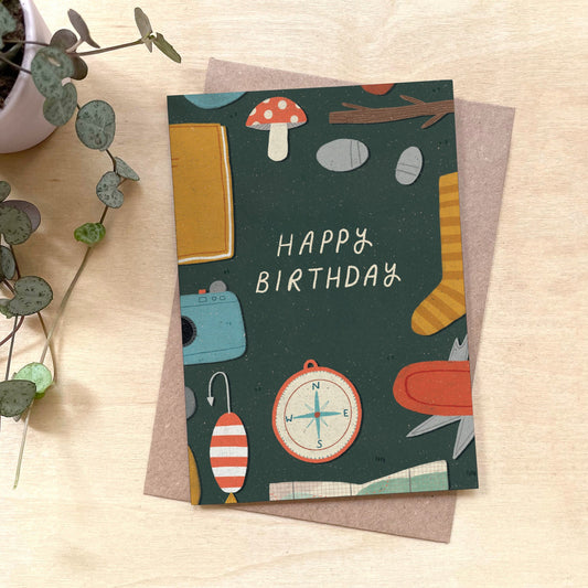 Adventure Equipment Happy Birthday Recycled Coffee Cup Card