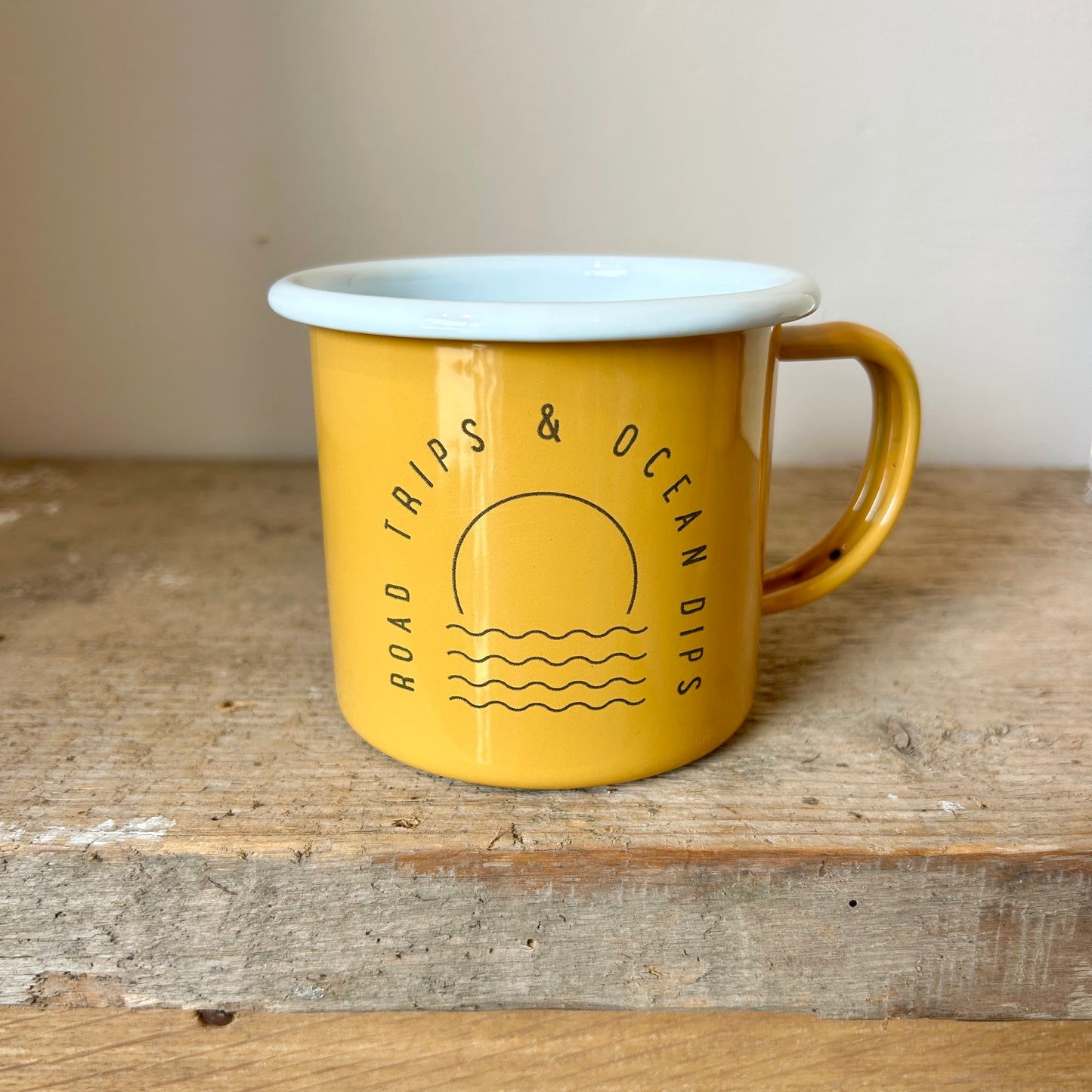 Enamel Mug Yellow - Road Trips and Ocean Dips