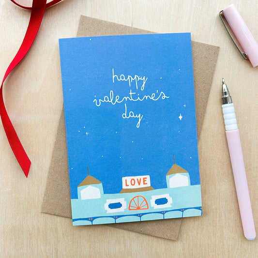 'Happy Valentine's Day' Teignmouth Pier Recycled Coffee Cup Card