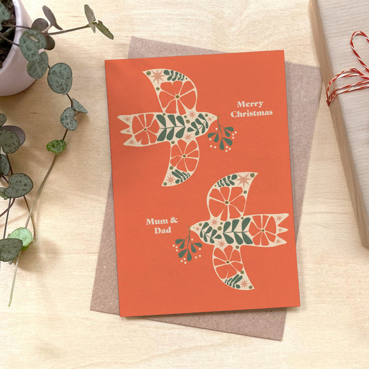 Merry Christmas Mum and Dad Birds - Recycled Coffee Cup Christmas Card