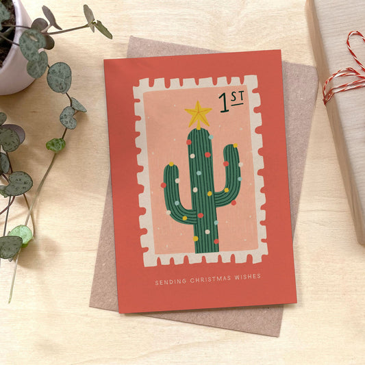 Cactus Stamp Christmas Recycled Coffee Cup Card