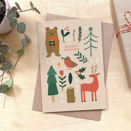 Seasons Greetings Folky Christmas Recycled Coffee Cup Card