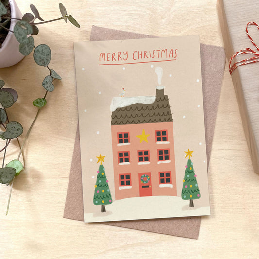 Christmas House Recycled Coffee Cup Card