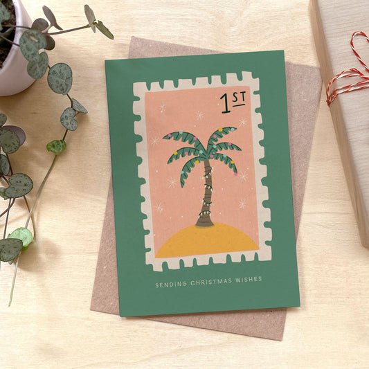 Palm Tree Stamp Christmas Recycled Coffee Cup Card