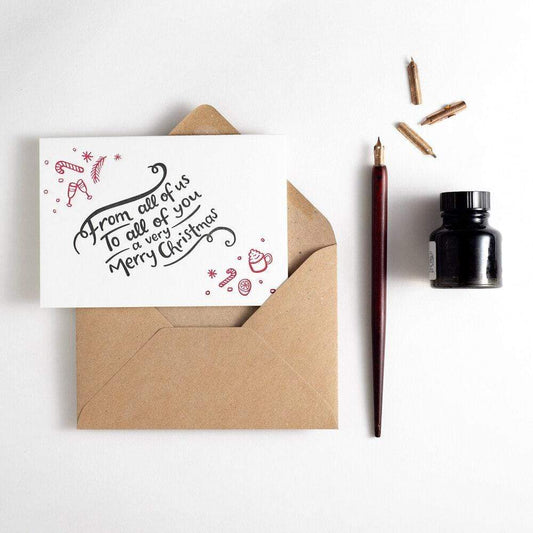 'Happy Christmas From All of Us to All of You' Recycled Coffee Cup Card