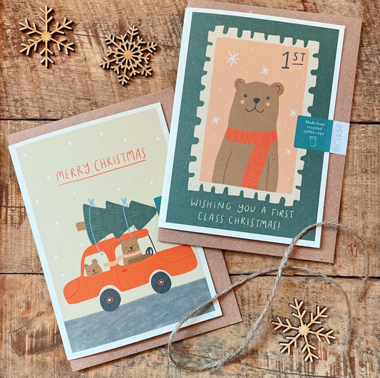 Pack of 4 Recycled Coffee Cup Christmas Cards - Driving Home & 2 x Bear Stamp