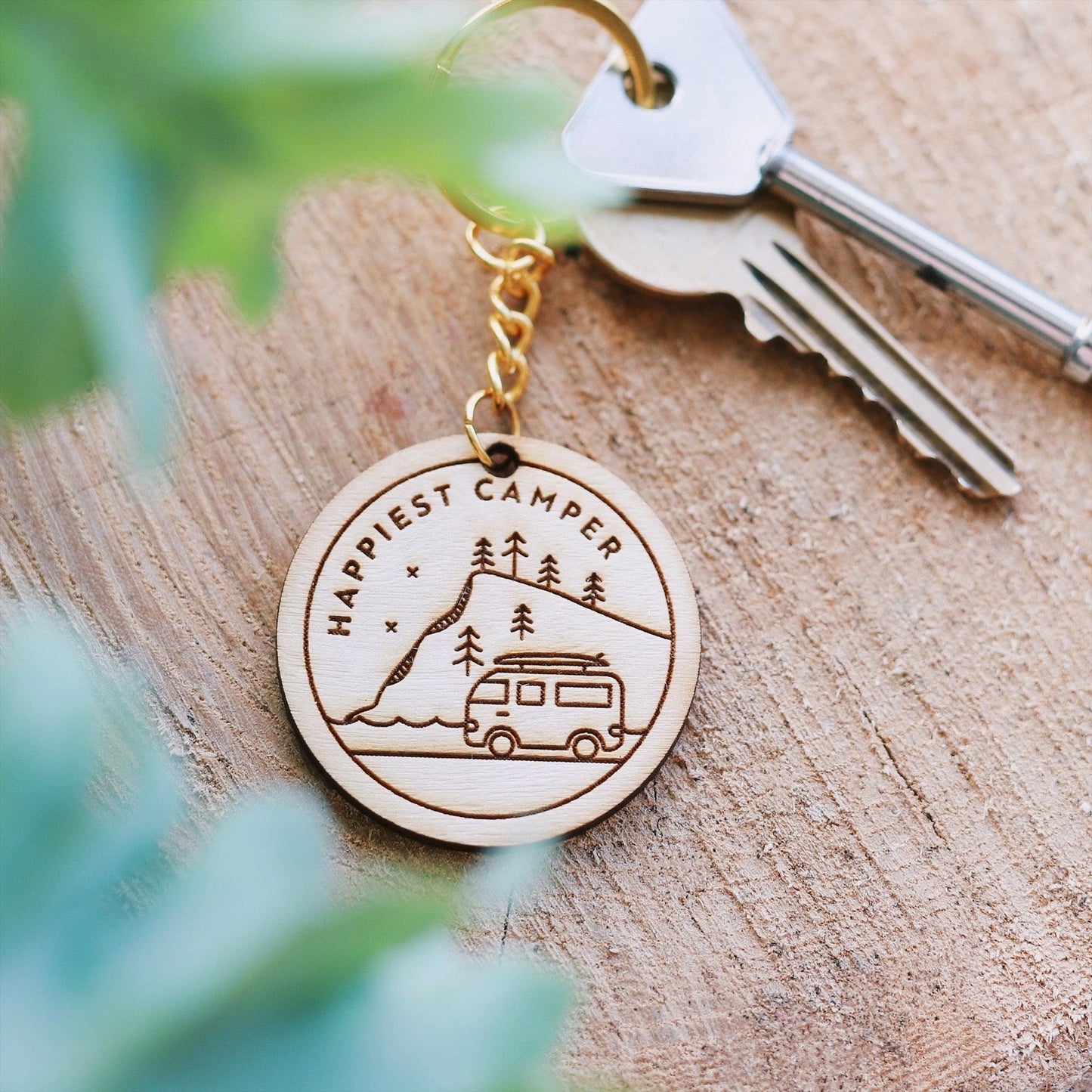 Happiest Camper Wooden Keyring