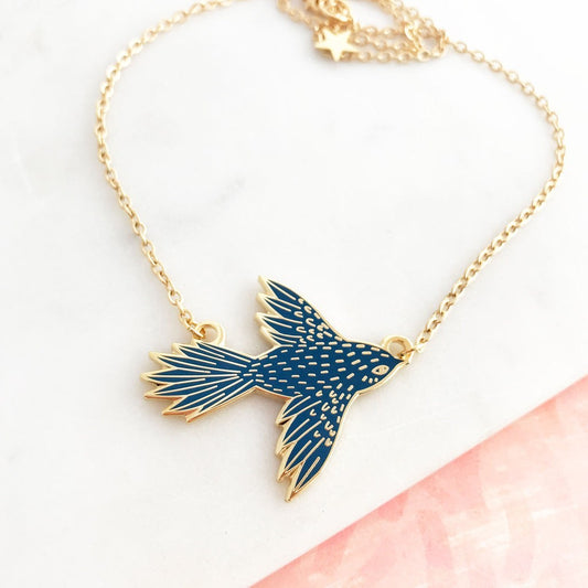 Flying Bird Enamel Necklace - Dark Blue