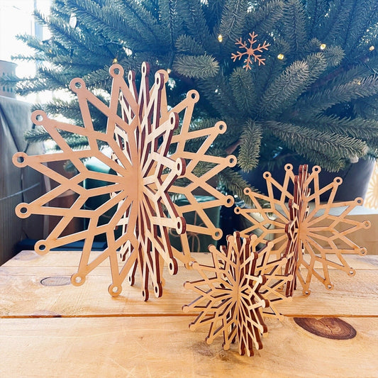 Wooden Standing Snowflake Decoration - Set of 3