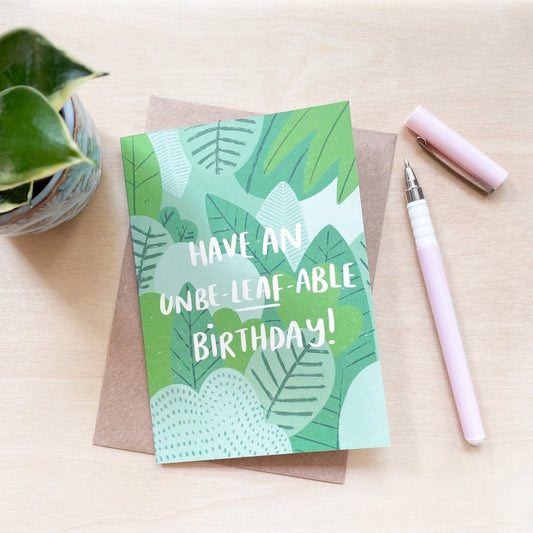 'Unbe-leaf-able Birthday' Recycled Coffee Cup Card